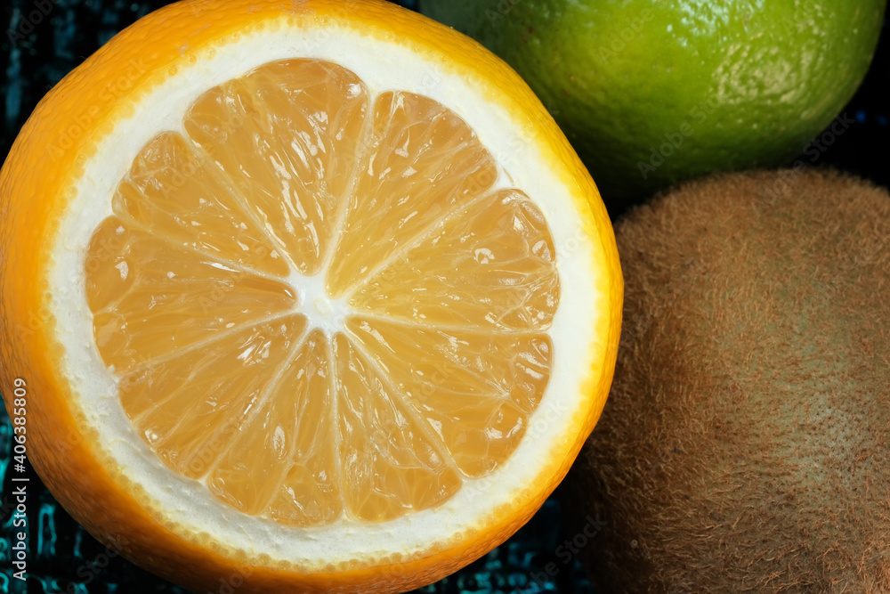 Citrus fruits on a glass vase Citrus fruits on a glass vase