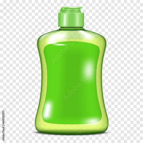 Clear green plastic bottle with screw flip top cap and blank label on transparent background, vector mockup. Liquid soap, dishwashing liquid. Template for design