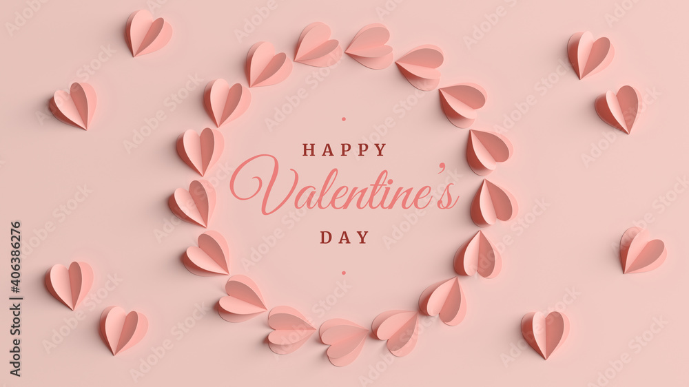 Happy Valentines day love greeting card elegant template with hearts in 3D rendering and copyspace on the right. Minimal 3D illustration Valentine concept background