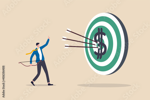 Financial target, bargain value or growth stocks selection investment make profit, reach savings and debt payment goal concept, smart businessman archer hitting dartboard or archery target bullseye