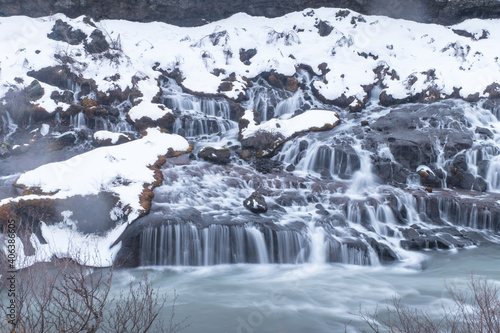 Hraunfossar Waterfall in Winter, Iceland 
