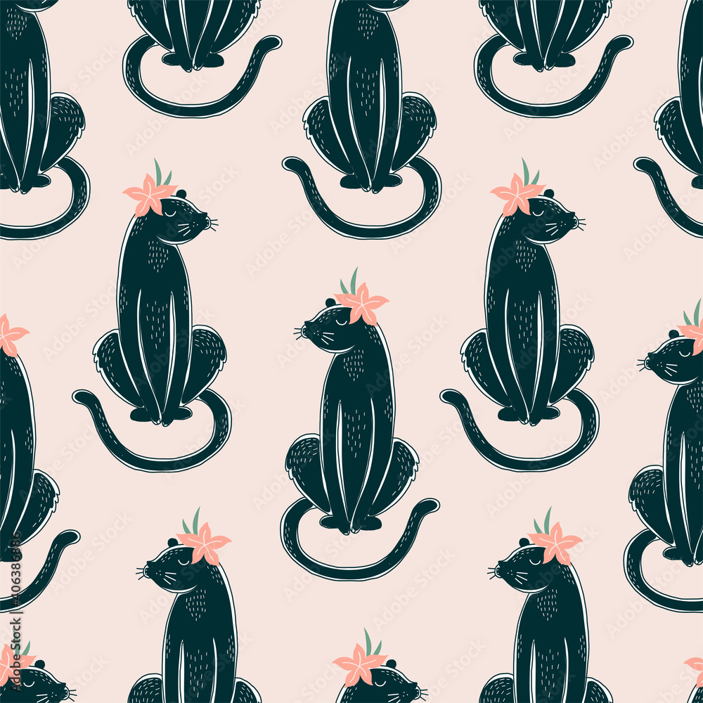 Cute black wild panther big cat with paradise flower bloom decor illustration vector seamless pattern. Decorative rainforest animal floral drawing background Cute black wild panther big cat with paradise flower bloom decor illustration vector seamless pattern. Decorative rainforest animal floral drawing background