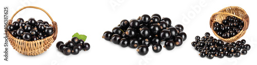 black currant with leaves isolated on white background with clipping path and full depth of field. Set or collection