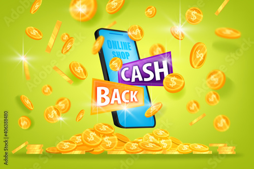 Money saving, cash back offer vector banner with coin pile, smartphone on green background. Bonus online shopping reward background, finance concept with flying gold. Cash back program 3D illustration