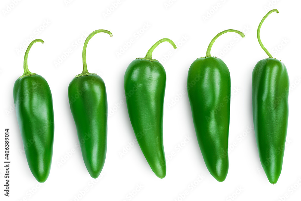 jalapeno peppers isolated on white background. Green chili pepper with clipping path. Top view. Flat lay. Set or collection jalapeno peppers isolated on white background. Green chili pepper with clipping path. Top view. Flat lay. Set or collection