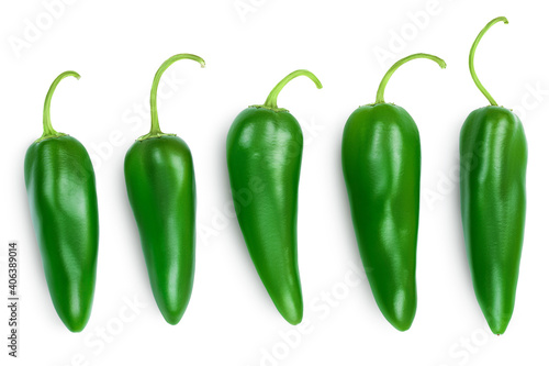 jalapeno peppers isolated on white background. Green chili pepper with clipping path. Top view. Flat lay. Set or collection