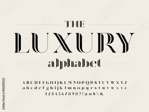 Modern gothic display alphabet design with uppercase, lowercase, numbers and symbol