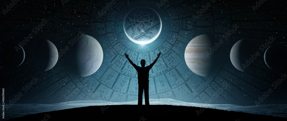 Εκτύπωση καμβά Man against background of  starry sky, planet and background of ancient astronomical instruments