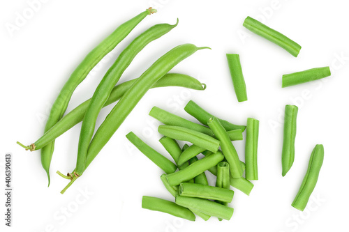 Green beans isolated on a white background. Top view. Flat lay