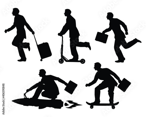 Set of hurry businessman on transportation silhouette vector on white background
