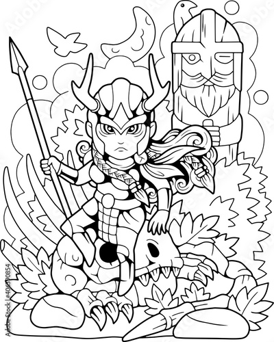 cute valkyrie sitting on a skull, coloring book, funny illustration