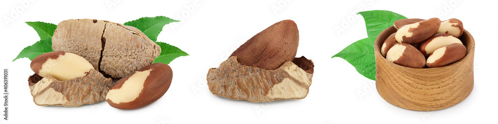 Brasil nuts in nutshell isolated on white background with clipping path and full depth of field. Set or collection Brasil nuts in nutshell isolated on white background with clipping path and full depth of field. Set or collection