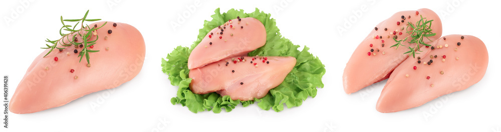 Fresh chicken fillet isolated on white background with full depth of field. Set or collection Fresh chicken fillet isolated on white background with full depth of field. Set or collection