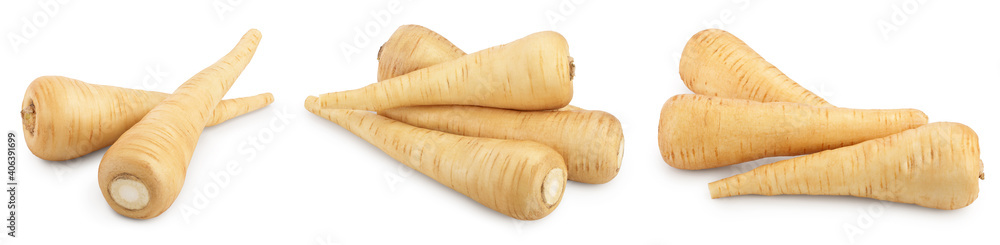 Parsnip root and slices with parsley isolated on white background closeup, Set or collection Parsnip root and slices with parsley isolated on white background closeup, Set or collection