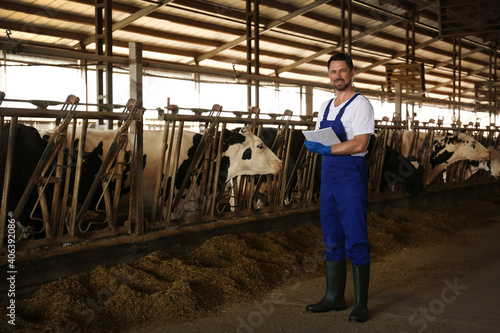 Worker with notes in cowshed on farm. Animal husbandry