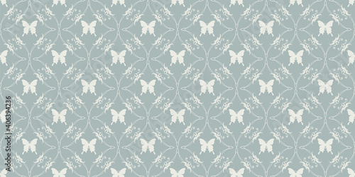 Background pattern in retro style ornament with butterflies. Seamless wallpaper texture. Vector image