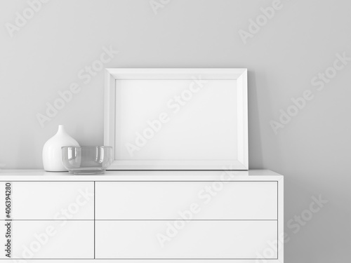 White Horizontal poster Frame Mockup close up on modern commode