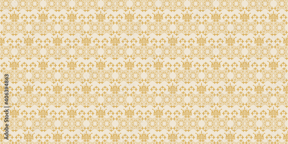 Gold ornament on a white background. Seamless wallpaper texture. Vector graphics