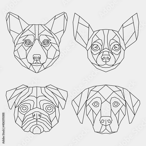 Abstract polygonal head chihuahua, corgi, pug, labrador. Set geometric linear dogs. Vector.	
