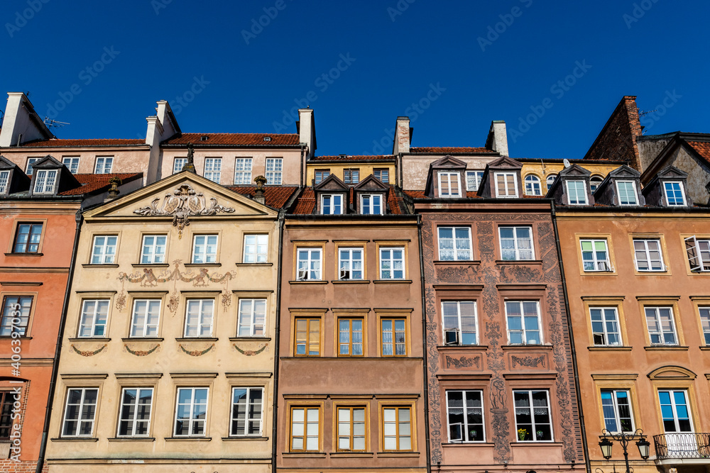 Fototapeta premium Facades of colorful old Medieval houses in Stare Miasto (Warsaw Old Town), Warsaw, Poland - Europe