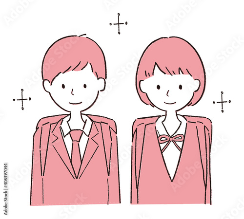 新入生、1年生の男の子、女の子の線画手描きベクターイラスト