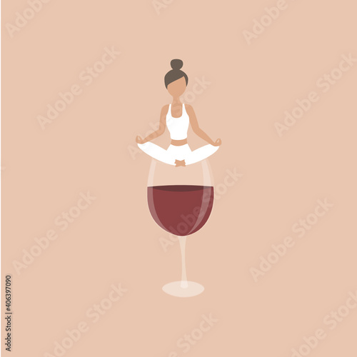 FIT woman doing yoga with wine glass. Healthy, balances lifestyle with exercise and alcohol. Love for wine.