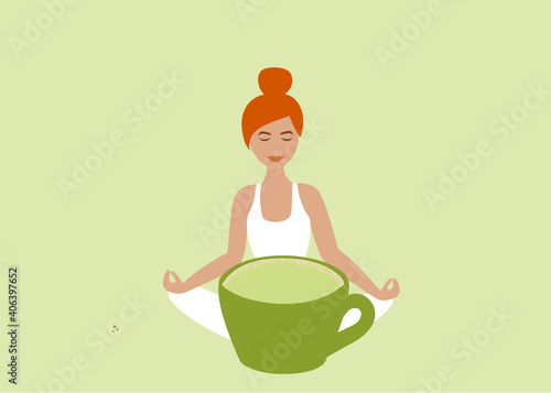 Fit woman doing yoga with a cup of green healthy tea. Girl dressed in white symbolizing a healthy, Zen lifestyle