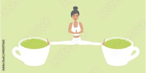 Fit woman doing yoga with a cup of green healthy tea. Girl dressed in white symbolizing a healthy, Zen lifestyle