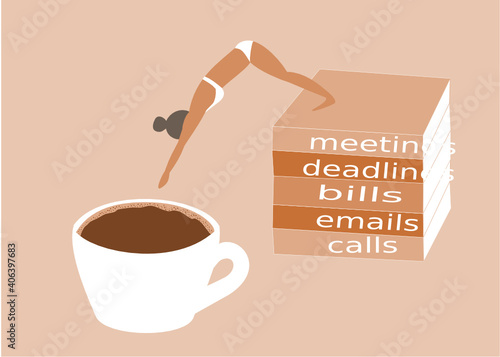 coffe addiction concept. caffeine usage to combat stress. woman with coffee cup