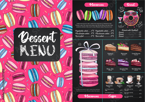 Chalk drawing dessert menu design with sweet french macaroons and cakes