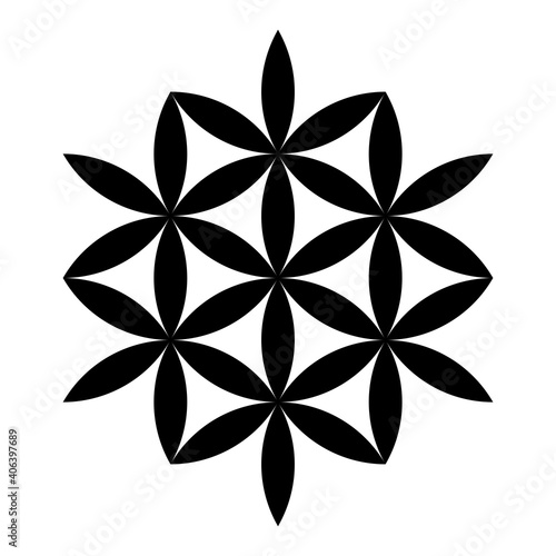 Seven stars, made from vesica piscis lens shapes. Six flower-like stars, with interlocking petals, make a seventh star. This symbol can also be derived from the flower of life. Illustration. Vector.