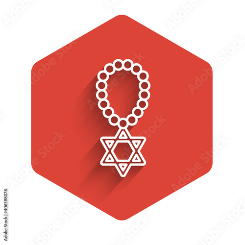 White line Star of David necklace on chain icon isolated with long shadow. Jewish religion symbol. Symbol of Israel. Jewellery and accessory. Red hexagon button. Vector.