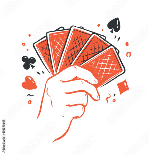 Poker cards in hand. Straight flush, casino symbol vector