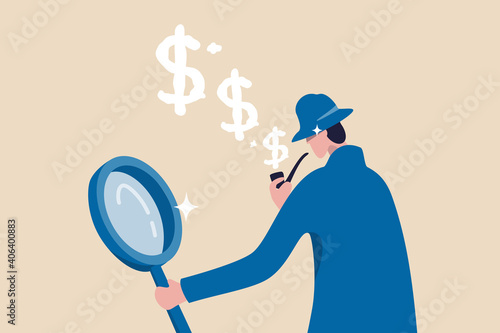 Search for investment opportunity, checking tax payment, analyze financial data or discover money earning concept, anonymous smart detective with magnifying glass smoking pipe with dollar sign smoke.