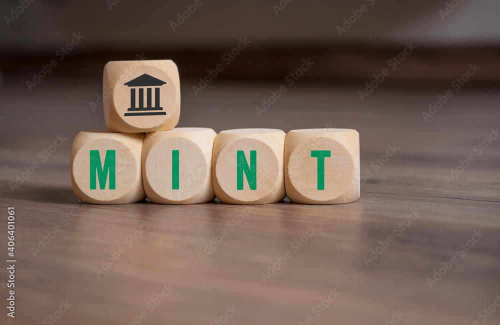 Cubes, dice or blocks with acronym MINT on wooden background