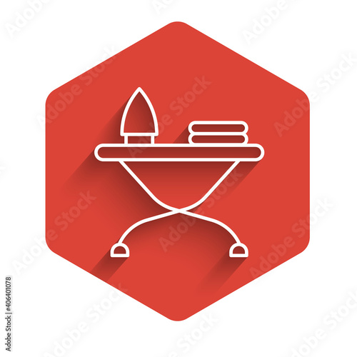 White line Electric iron and ironing board icon isolated with long shadow. Steam iron. Red hexagon button. Vector.