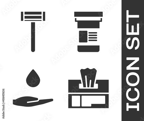 Set Wet wipe pack, Shaving razor, Washing hands with soap and Medicine bottle icon. Vector.