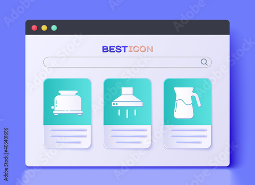 Set Kitchen extractor fan, Toaster and Jug glass with water icon. Vector.
