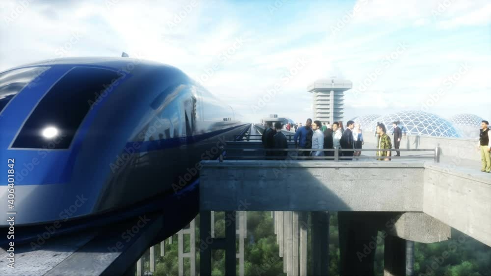 futuristic train station with monorail and train. traffic of people, crowd. Concrete architecture. Future concept. Realistic 4k animation. futuristic train station with monorail and train. traffic of people, crowd. Concrete architecture. Future concept. Realistic 4k animation.