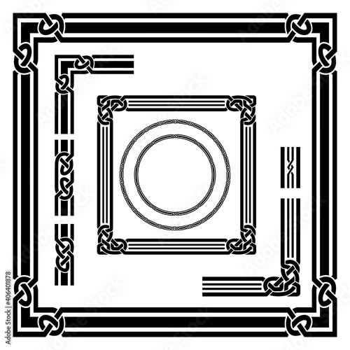 Set of black frames, Celtic, Arabic style. Round and square frames, corner and border elements. Celtic knots, overlapping lines. Pattern brushes.
