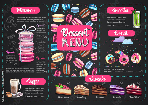 Chalk drawing dessert menu design with sweet french macaroons and cakes