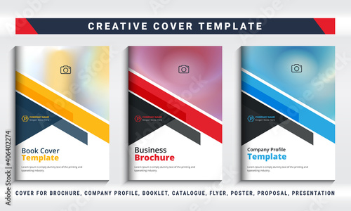 Cover design for annual report, business catalogue, brochure, company profile, book cover, magazine, flyer, presentation, booklet, poster, blue, yellow, red colour. Brochure template layout. Book Cove