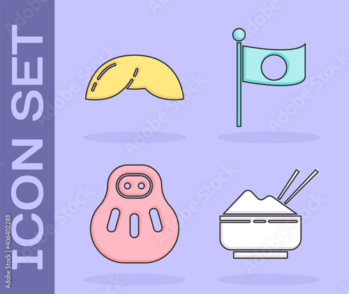 Set Rice in a bowl with chopstick, Chinese fortune cookie, Maneki neko cat and National flag of Japan on pole icon. Vector.