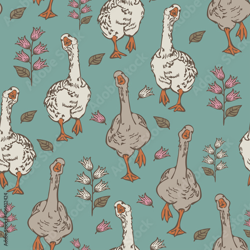 Vector seamless pattern with dancing geese and flowers on a blue background. Funny bird natural design.
