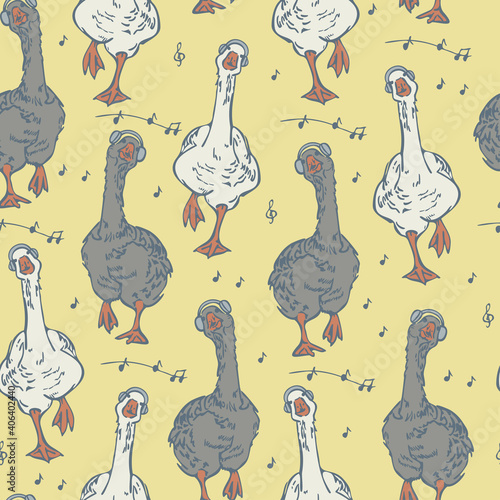 Vector seamless pattern with dancing geese listening to music with headphones. Funny bird design.