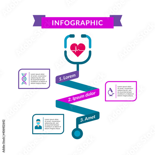 Colorful medical infographic with medical icons. Stethoscope shape. Timeline, process, plan, strategy. Check up or medical procedure steps. Three options. Place for text. Vector illustration, clip art