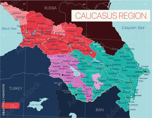 Caucasus region detailed editable map with regions cities and towns, roads and railways. Vector EPS-10 file