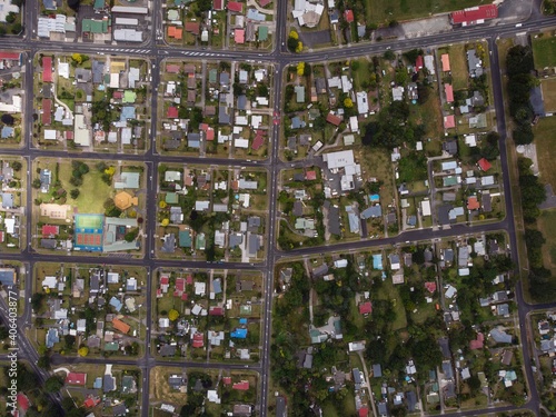 Aerial top down of Waihi city town rural urban planning development Coromandel Waikato Bay of Plenty New Zealand