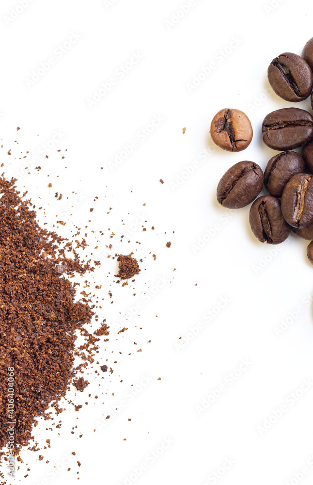 A pile of whole roasted coffee beans and another pile of grounded coffee on an isolated white background, from a high angle view covering the corners of the frame. A pile of whole roasted coffee beans and another pile of grounded coffee on an isolated white background, from a high angle view covering the corners of the frame.