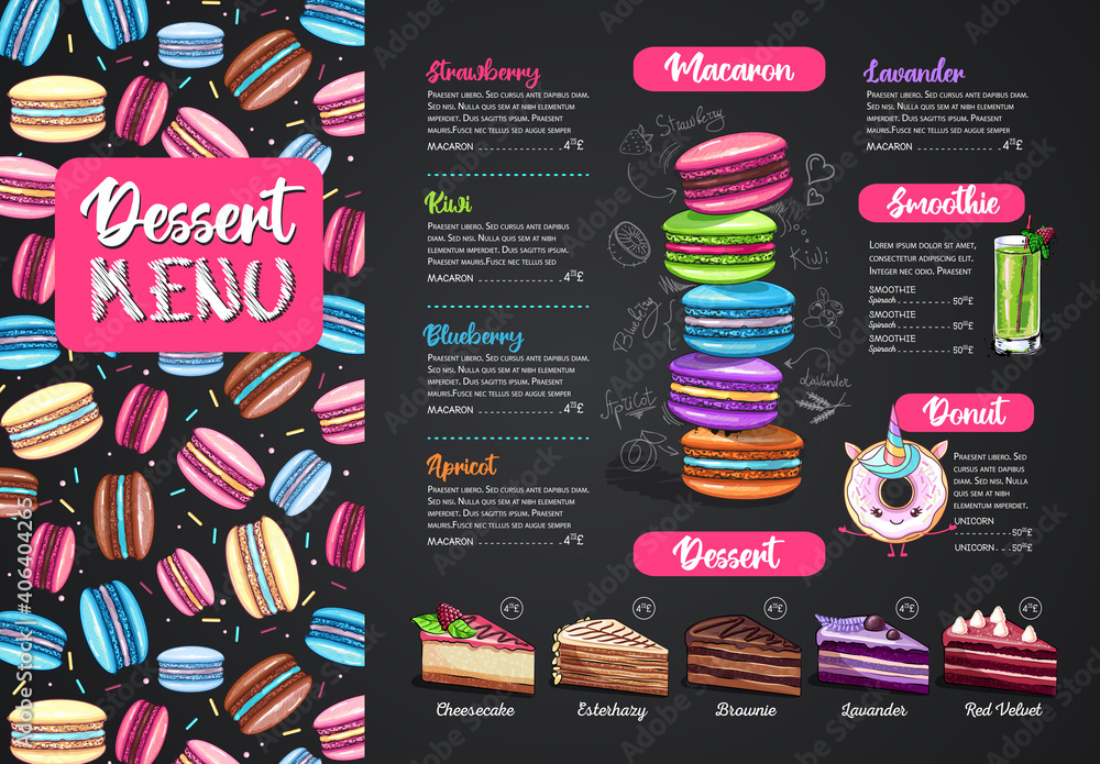 Obraz premium Chalk drawing dessert menu design with sweet french macaroons and cakes